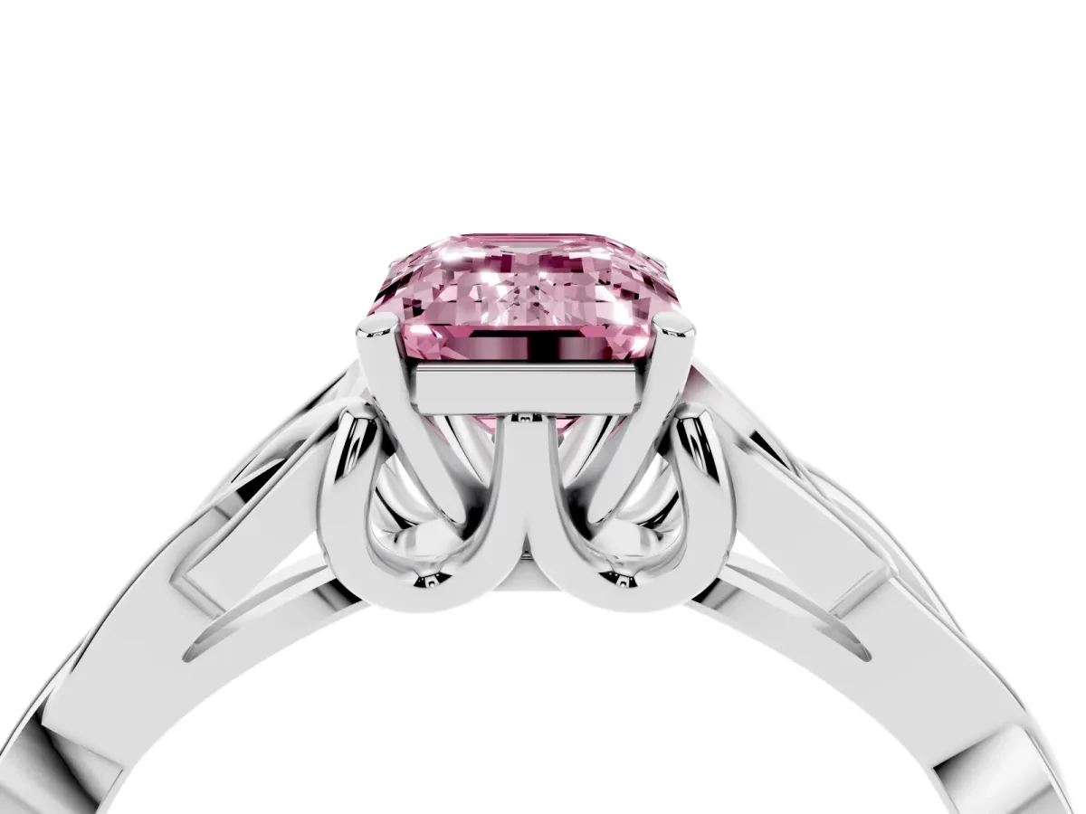 Fancy Pink Emerald Cut Diamond Solitaire Engagement Ring with Celtic Knot Band and Four-Prong Setting Platinum