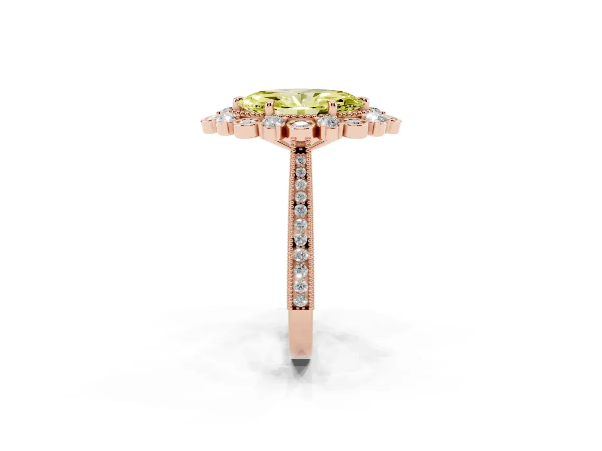 Fancy Yellow Marquise Cut Halo Milgrain Pave Diamond Ring with Four-Prong Setting Rose gold