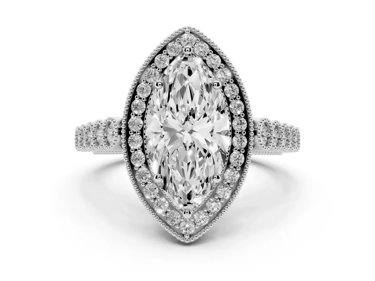 Marquise Cut Halo Milgrain Solitaire with Bezel Set Side Stones and Pave Band Silver