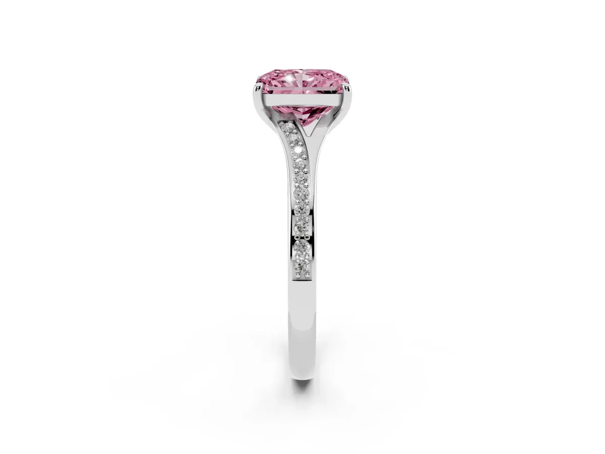 Fancy Pink Radiant Cut Diamond Solitaire Ring with Pavé Band and Prong Setting Silver