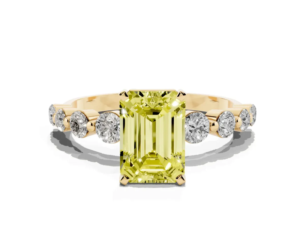 Fancy Yellow Emerald Cut Solitaire Diamond Ring with Pave Band and Four-Prong Setting Yellow gold