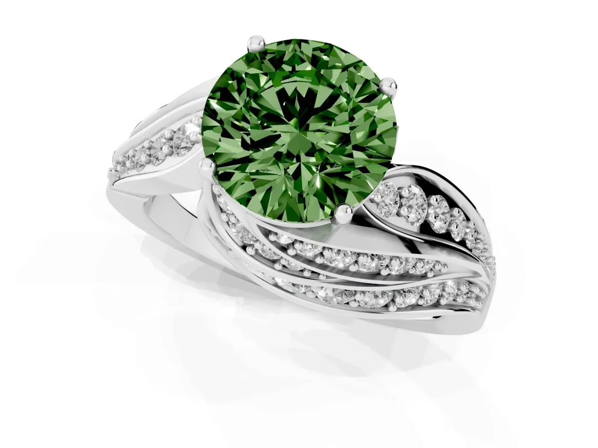 Fancy Green Round Cut Diamond Solitaire Ring with Prong Setting and Twisted Pavé Band Silver