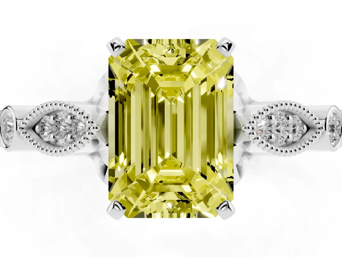 Fancy Yellow Emerald Cut Cut Diamond with Milgrain Marquise and Bezel Accents on a Solitaire Band with Prong Setting Platinum