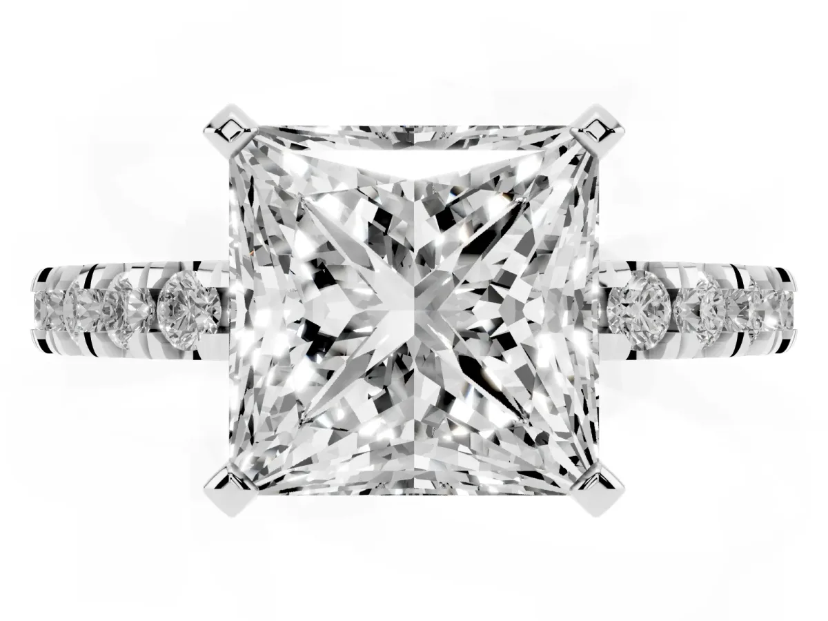 Princess Cut Diamond Pavé Band Solitaire with Four-Prong Setting Silver