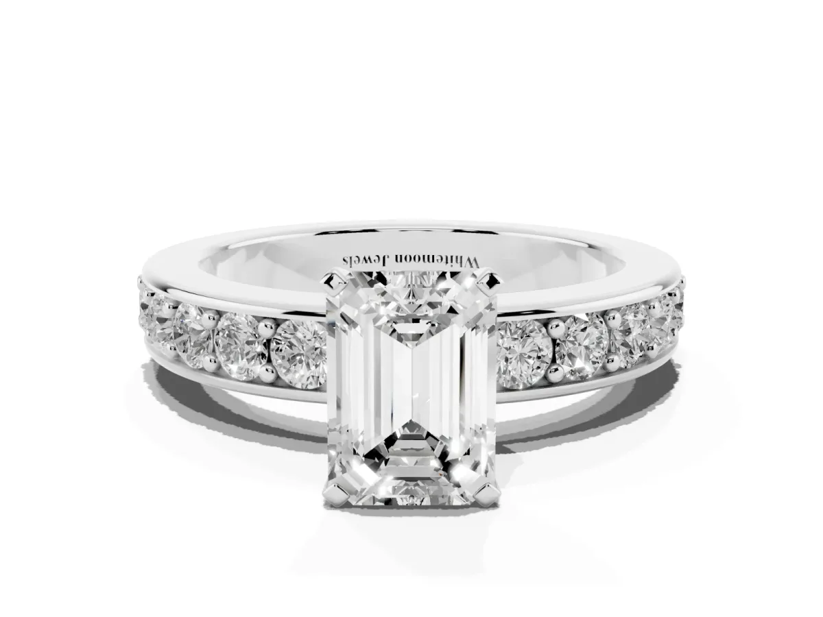 Emerald Cut Diamond Engagement Ring with Channel Set Round Band and Prong Setting Silver