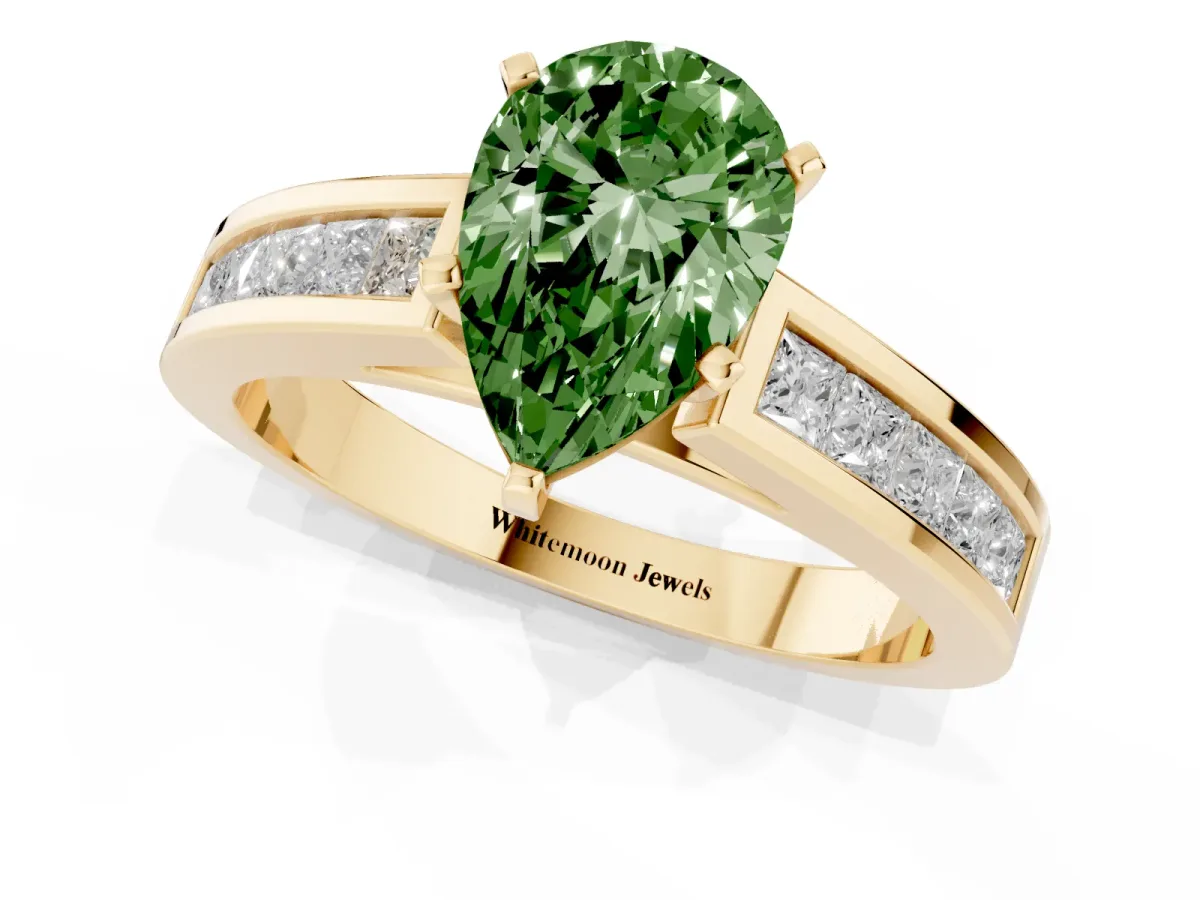 Fancy Green Pear Cut Solitaire Diamond Ring with Channel-Set Band and Four-Prong Setting Yellow gold