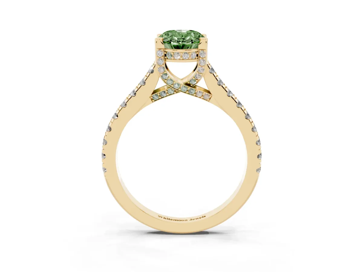 Fancy Green Oval Cut Brilliant Diamond Solitaire with Pavé Band and Four-Prong Setting Yellow gold