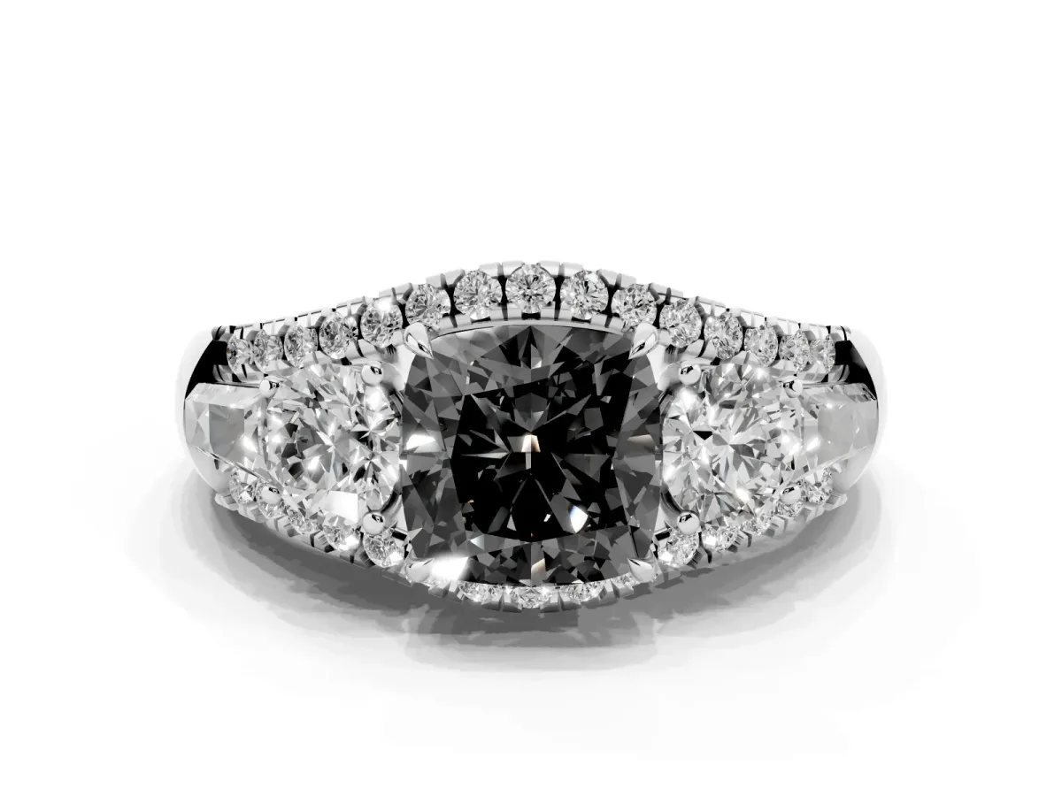 Fancy Black Three-Stone Cushion Cut Diamond Engagement Ring with Pave Band and Prong Setting Silver