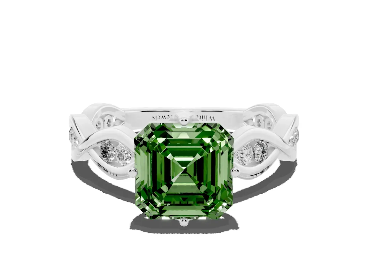 Fancy Green Asscher Cut Solitaire Twist Band with Leaf Prong Setting Platinum