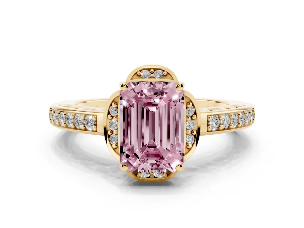 Fancy Pink Emerald Cut Cut Halo Diamond Ring with Channel Set Band and Four-Prong Setting Yellow gold