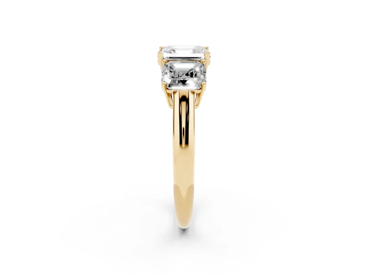 Three-Stone Asscher Cut Cut Diamond Engagement Ring with Prong Setting on a White Gold Band Yellow gold