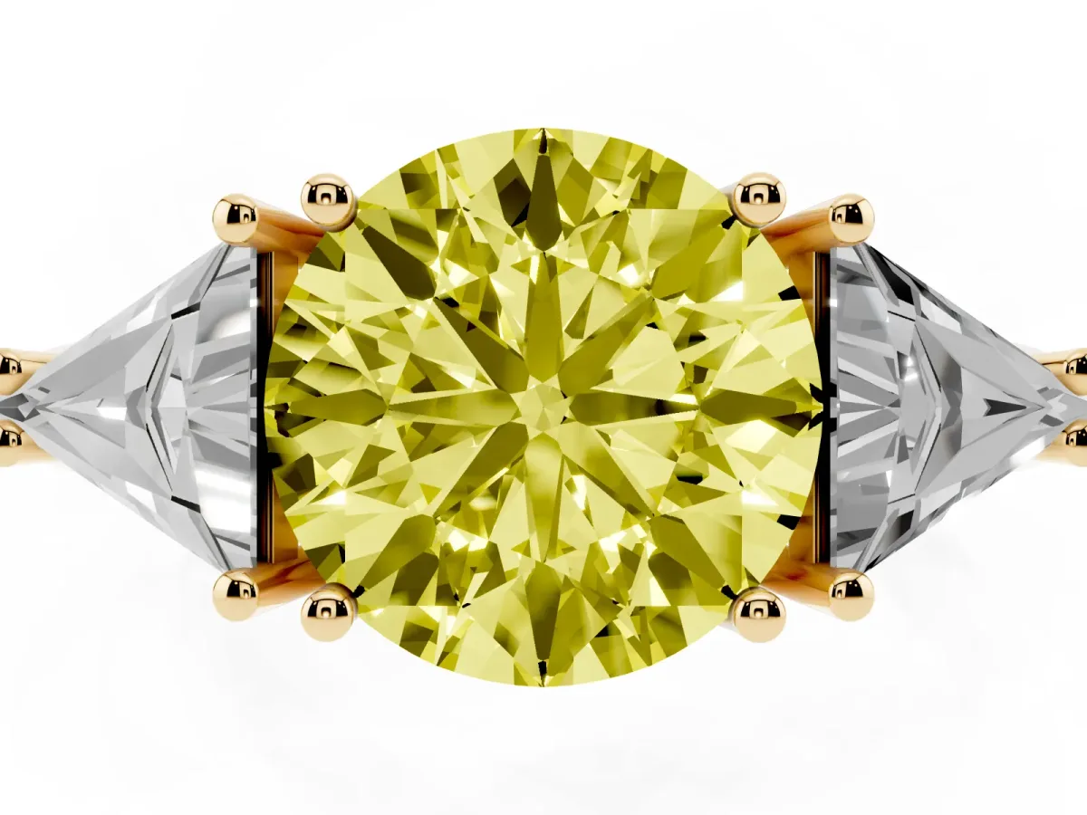 Fancy Yellow Three-Stone Round Cut Diamond Engagement Ring with Trillion Side Stones and Prong Setting Yellow gold