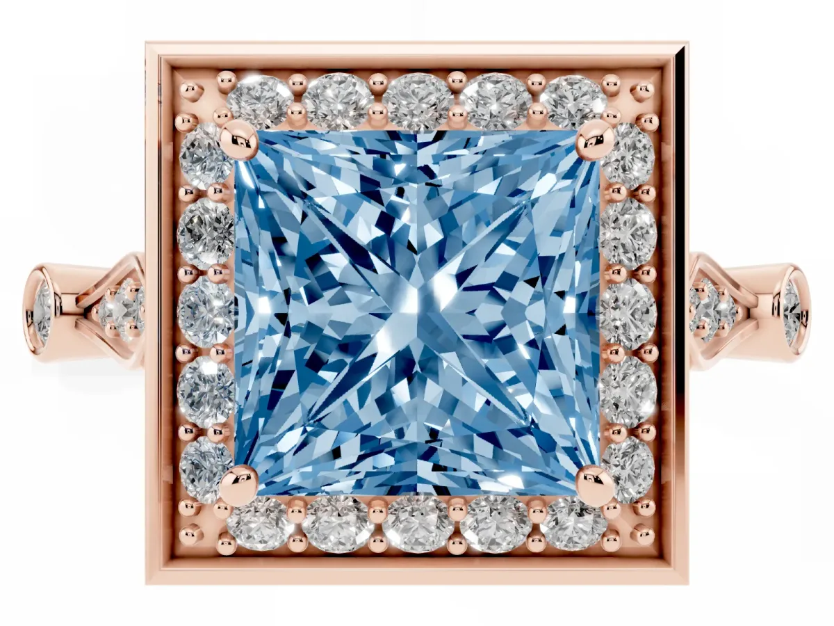 Fancy Blue Princess Cut Halo Diamond Engagement Ring with Twisted Band and Four-Prong Setting Rose gold