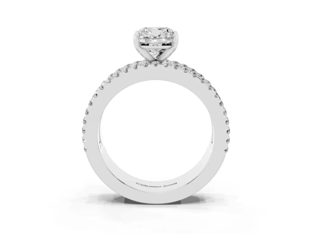 Cushion Cut Diamond Solitaire Ring with Pavé and Channel Set Band Silver