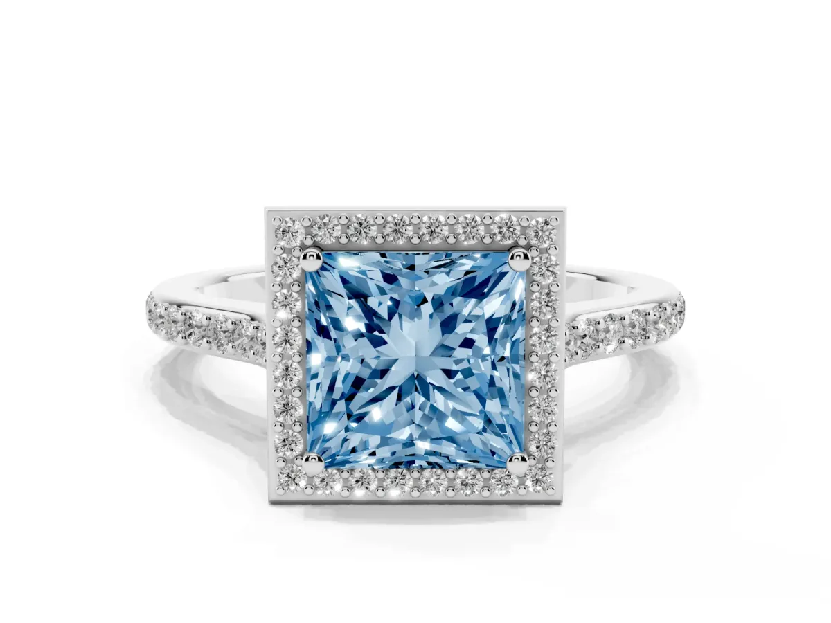 Fancy Blue Princess Cut Diamond Halo Engagement Ring with Round Pavé Shoulders and Prong Setting Silver