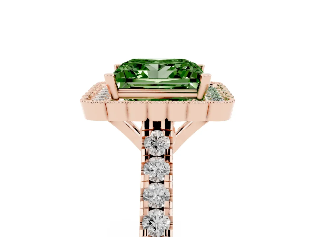 Fancy Green Princess Cut Cut Diamond Milgrain Floral Halo Engagement Ring with Pavé Band Rose gold
