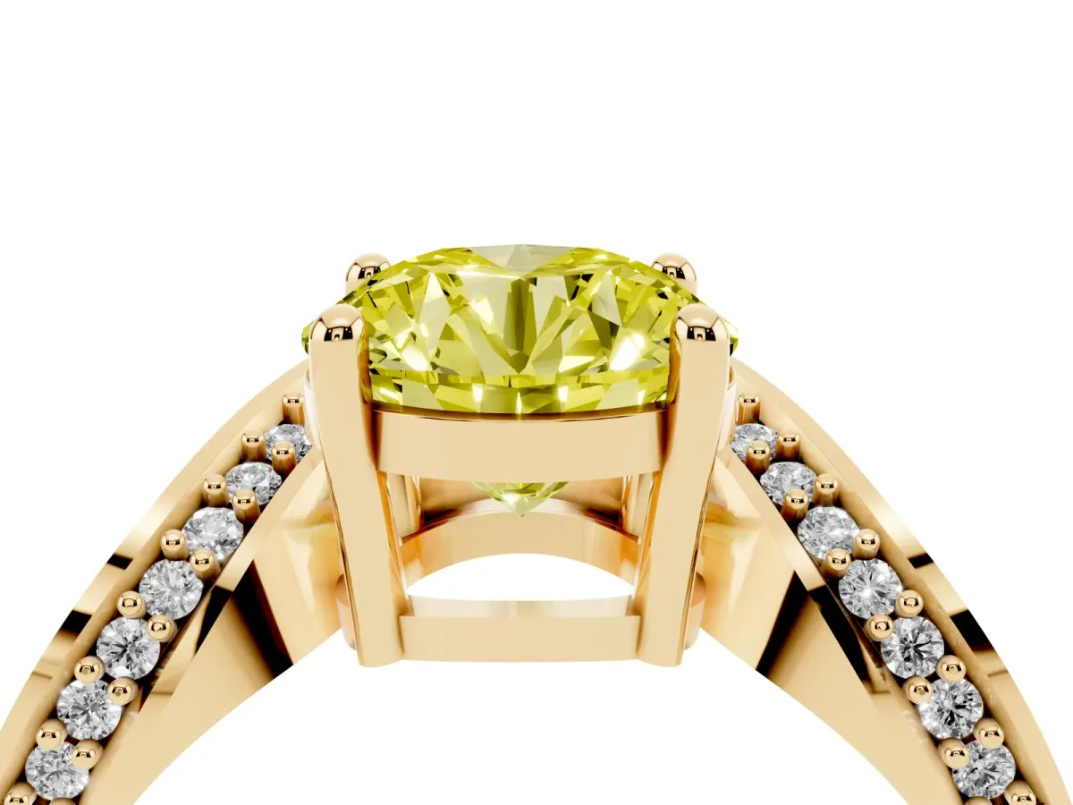 Fancy Yellow Round Cut Solitaire Diamond Engagement Ring with Pave Band and Four-Prong Setting Yellow gold