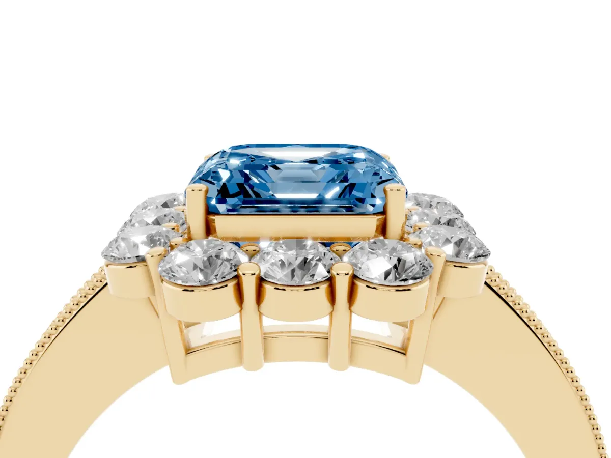 Fancy Blue Asscher Cut Cut Halo Diamond Pavé Engagement Ring with Milgrain Detailing Yellow gold