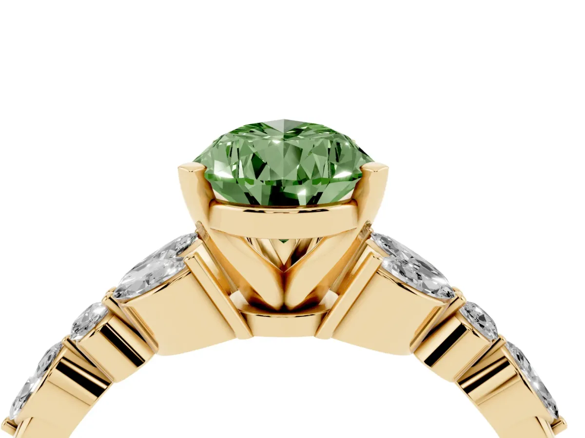 Fancy Green Pear Cut Diamond Solitaire Ring with Side Stones and Four-Prong Setting Yellow gold