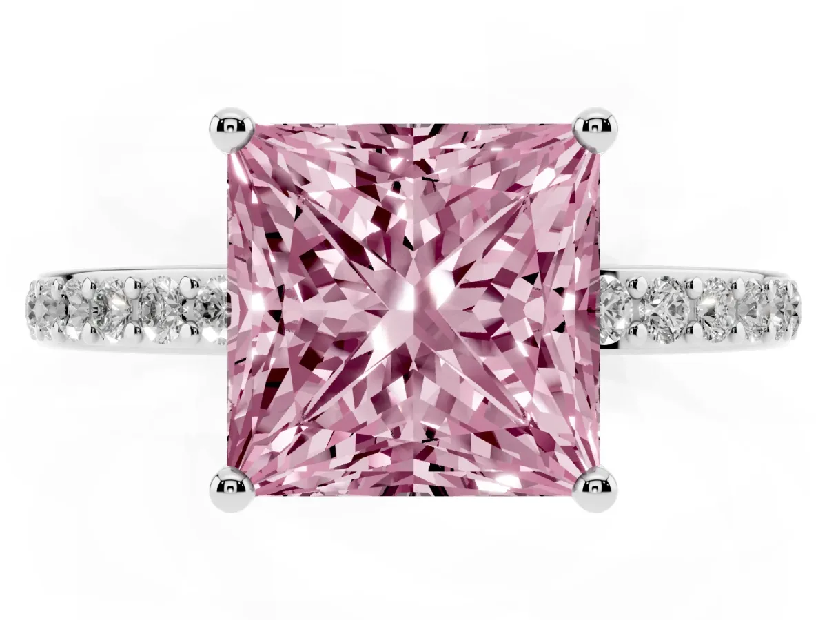 Fancy Pink Princess Cut Cut Diamond Pavé Band Ring with Four-Prong Setting Silver