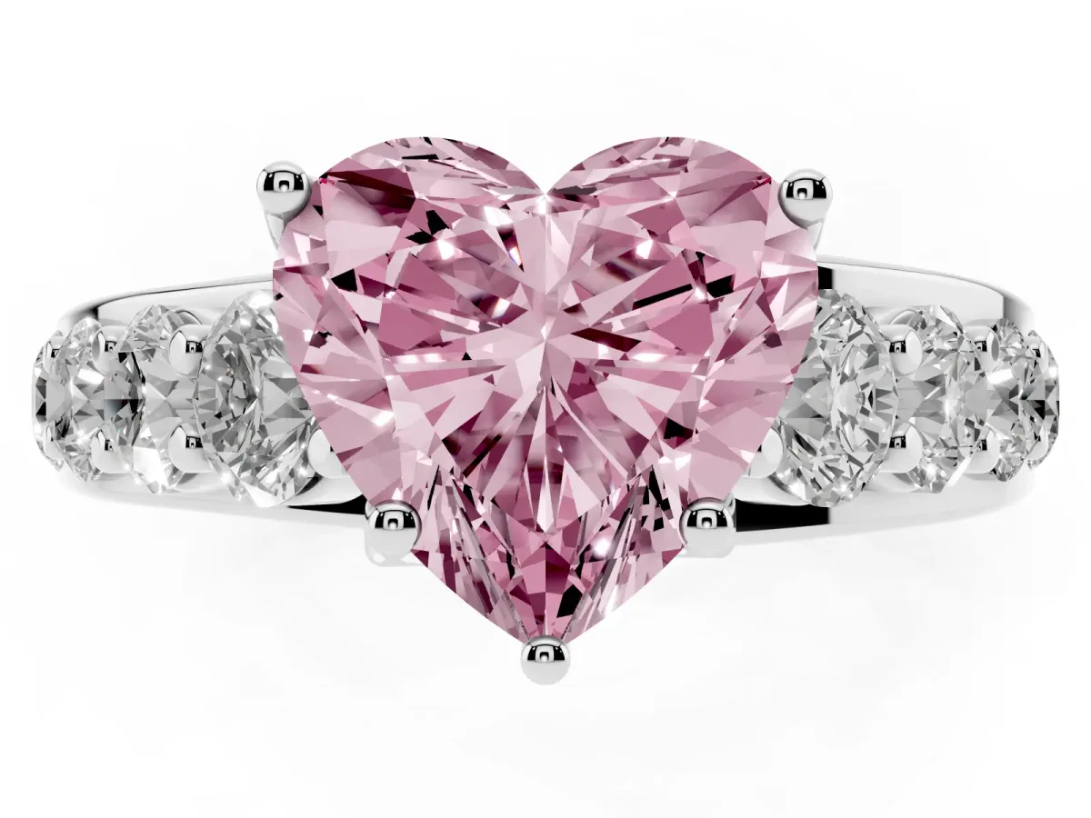 Fancy Pink Heart Cut Diamond Engagement Ring with Pavé Band and Four-Prong Setting Silver