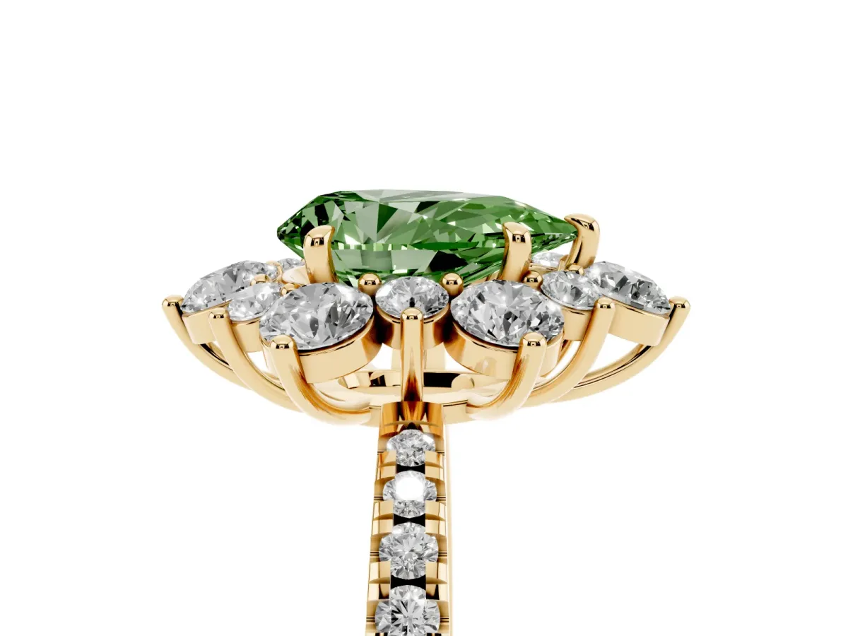 Fancy Green Pear Cut Diamond Floral Halo Ring with Round Pavé Band and Prong Setting Yellow gold