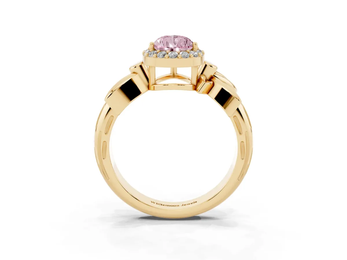Fancy Pink Pear Cut Halo Diamond Floral Band with Four-Prong Setting Yellow gold