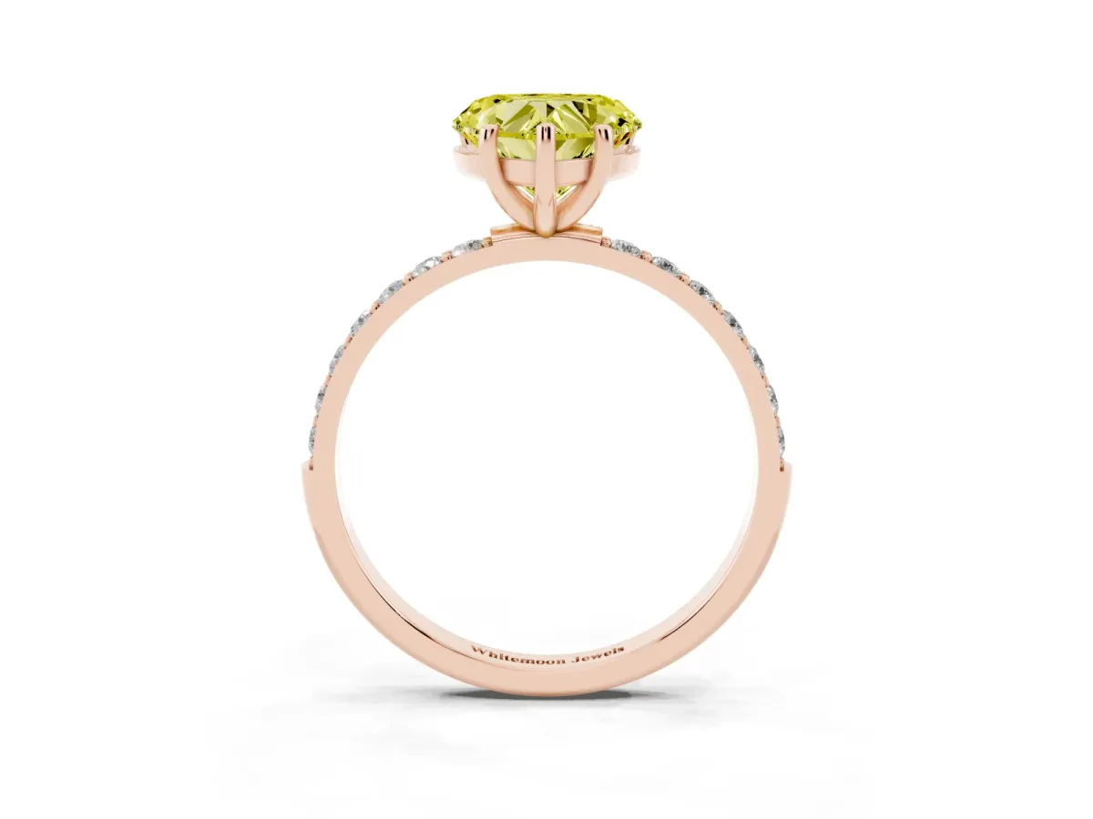 Fancy Yellow Heart Cut Diamond Solitaire Ring with Round Pavé Shoulders and Prong Setting Rose gold