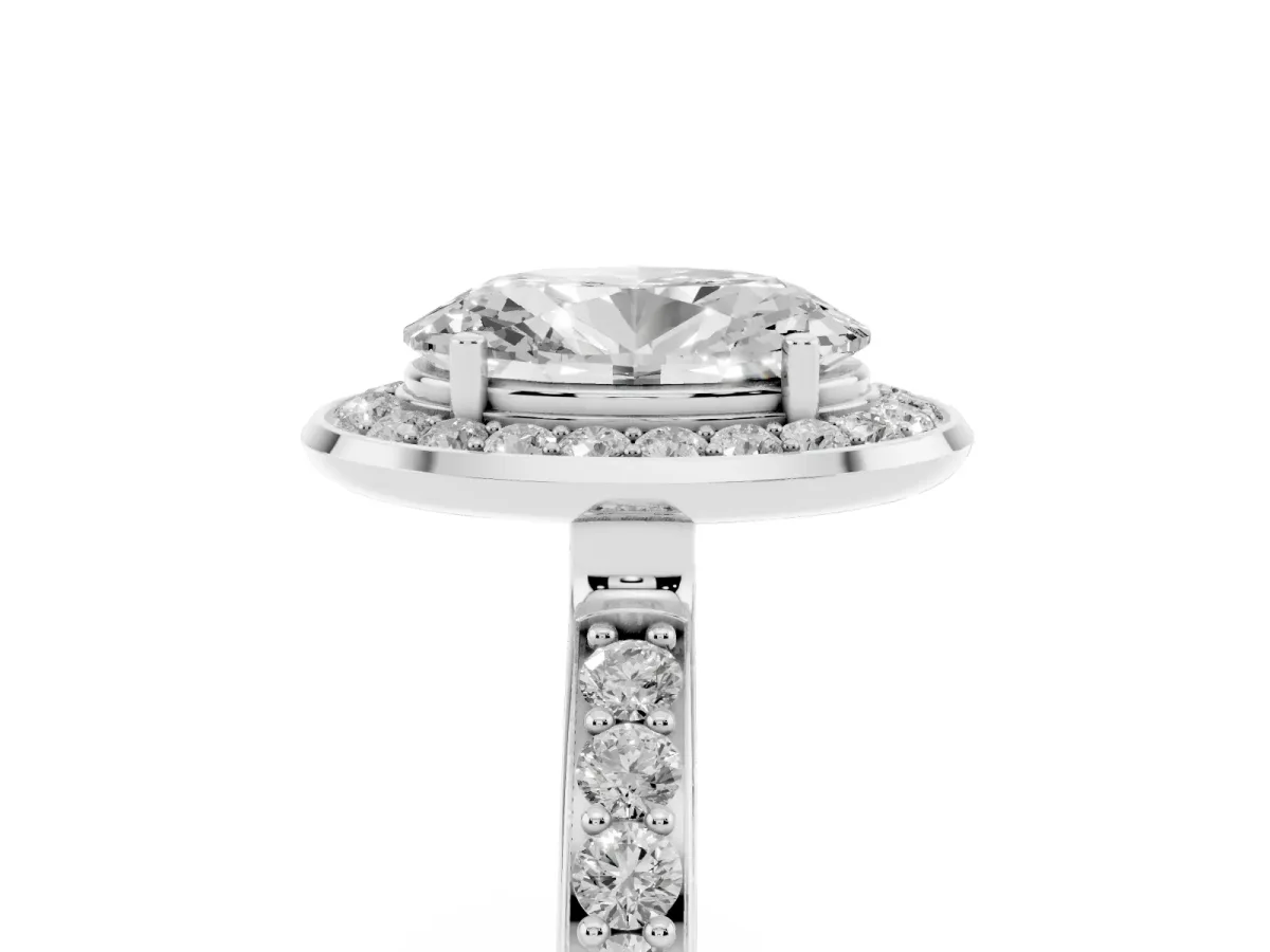 Oval Cut Diamond Halo Ring with Bezel Frame and Pavé Band Silver