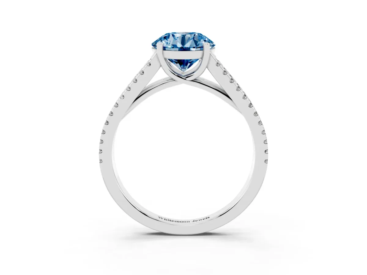 Fancy Blue Round Cut Diamond Solitaire Engagement Ring with Split Shank Pavé Band Platinum