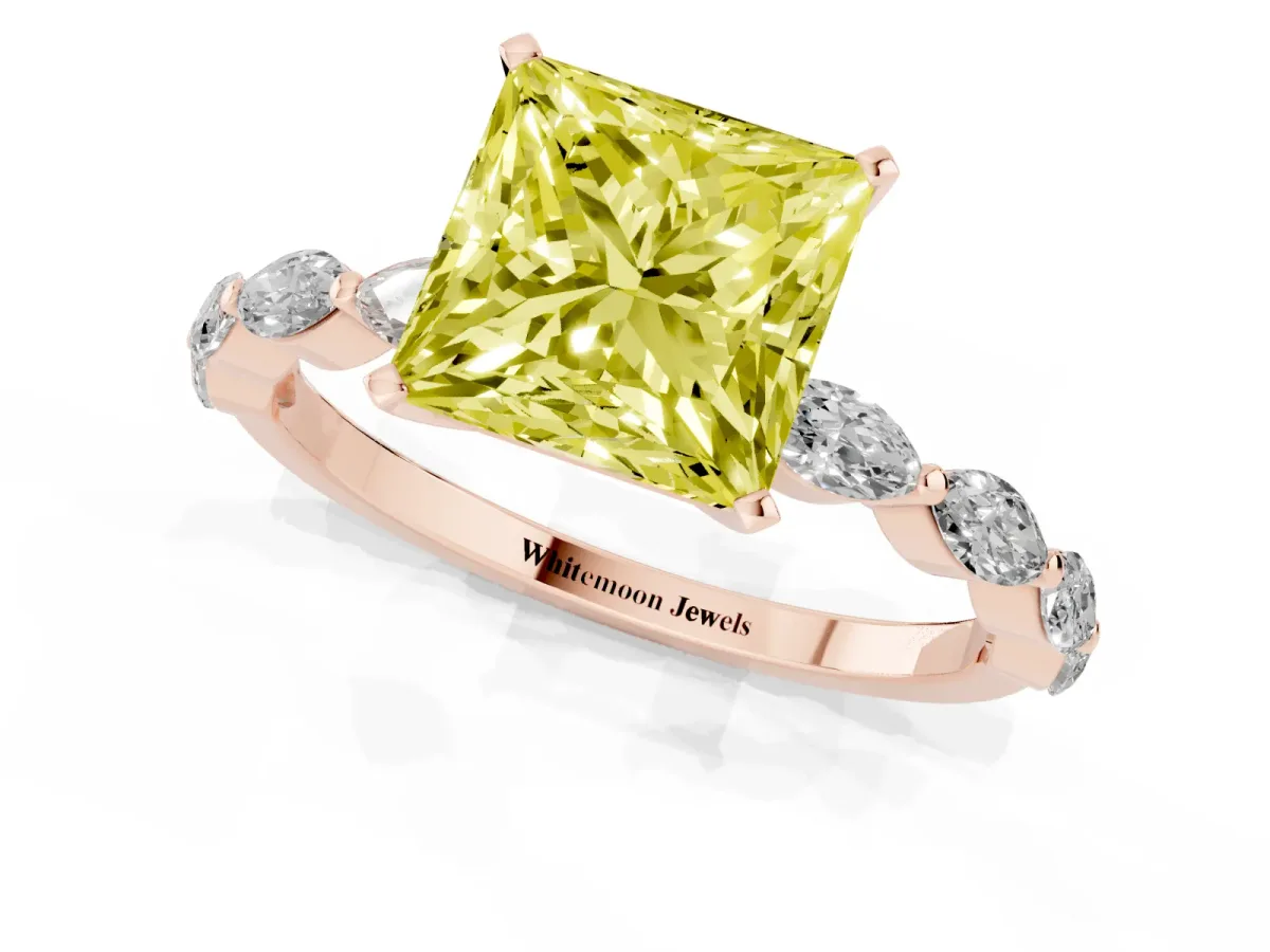 Fancy Yellow Princess Cut Diamond Ring with Marquise Side Stones and Prong Setting Rose gold