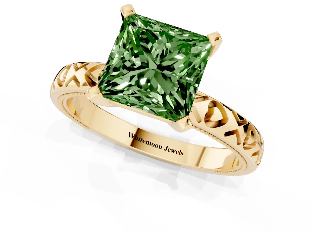Fancy Green Princess Cut Solitaire Diamond Engagement Ring with XO Engraved Band and Four-Prong Setting Yellow gold