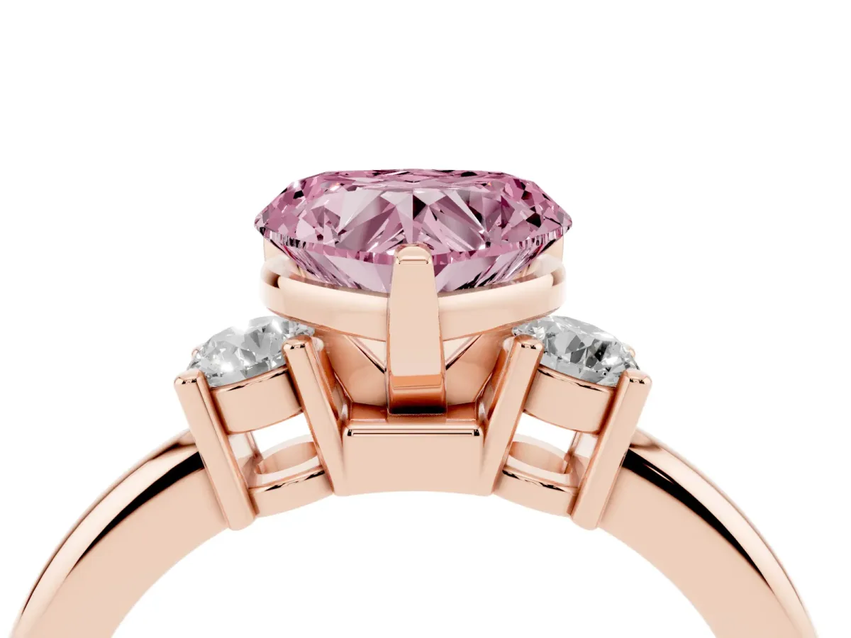 Fancy Pink Three-Stone Heart Cut Cut Diamond Solitaire with Prong Setting and Classic Band Rose gold