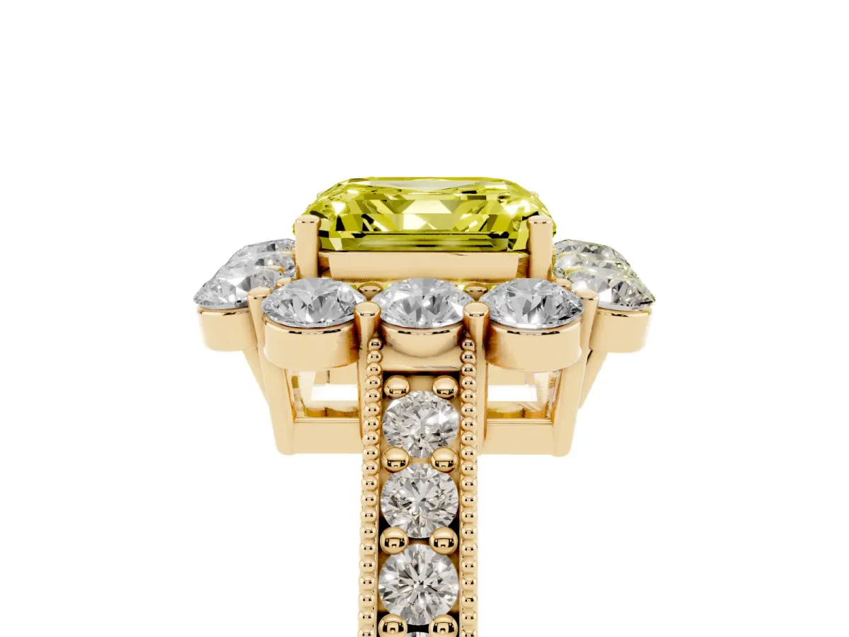 Fancy Yellow Asscher Cut Cut Halo Diamond Pavé Engagement Ring with Milgrain Detailing Yellow gold