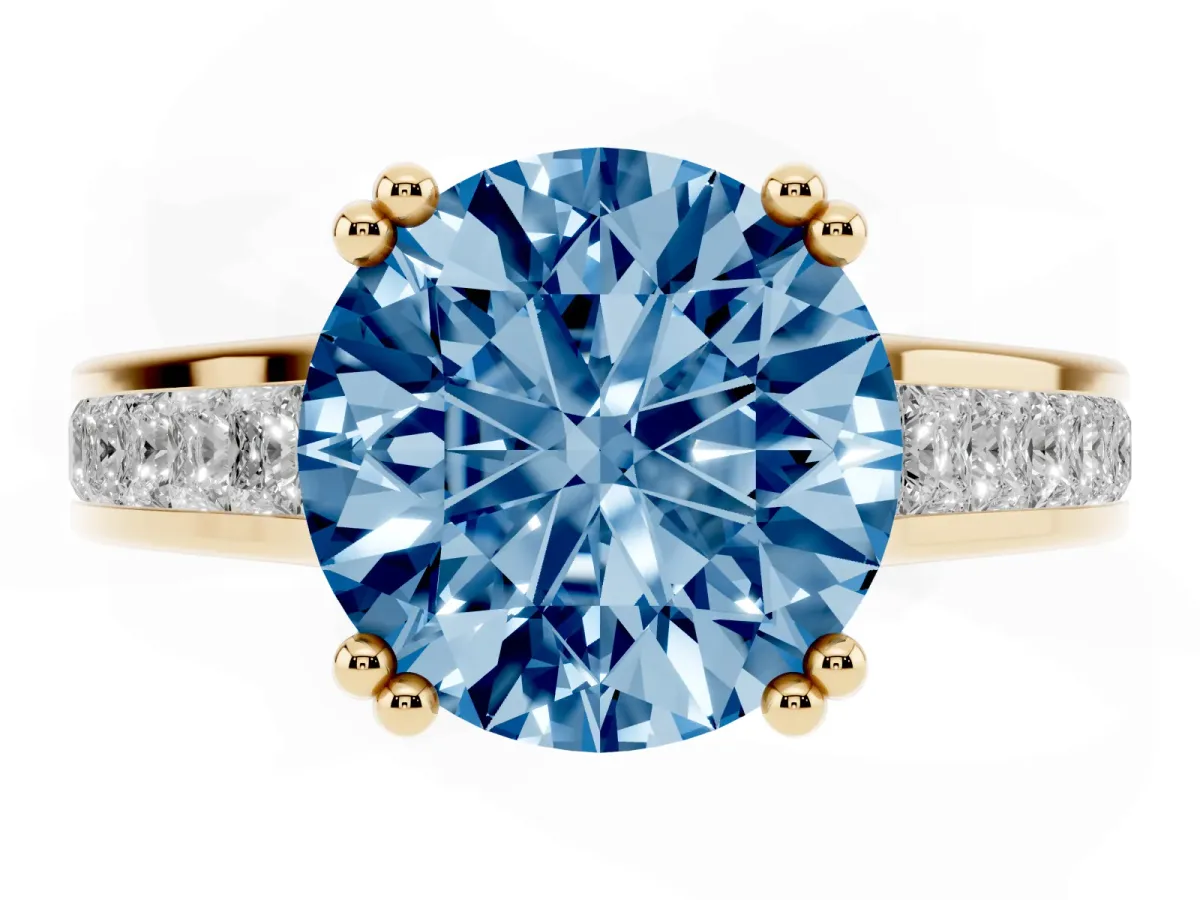Fancy Blue Round Cut Cut Channel Set Solitaire Engagement Ring with Prong Setting Yellow gold