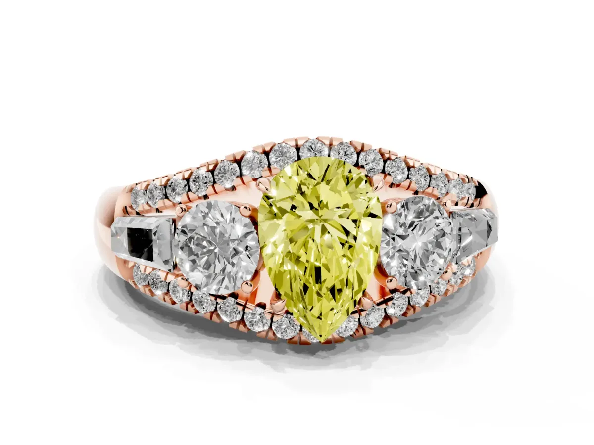 Fancy Yellow Three-Stone Pear Cut Diamond Engagement Ring with Pave Band and Prong Setting Rose gold