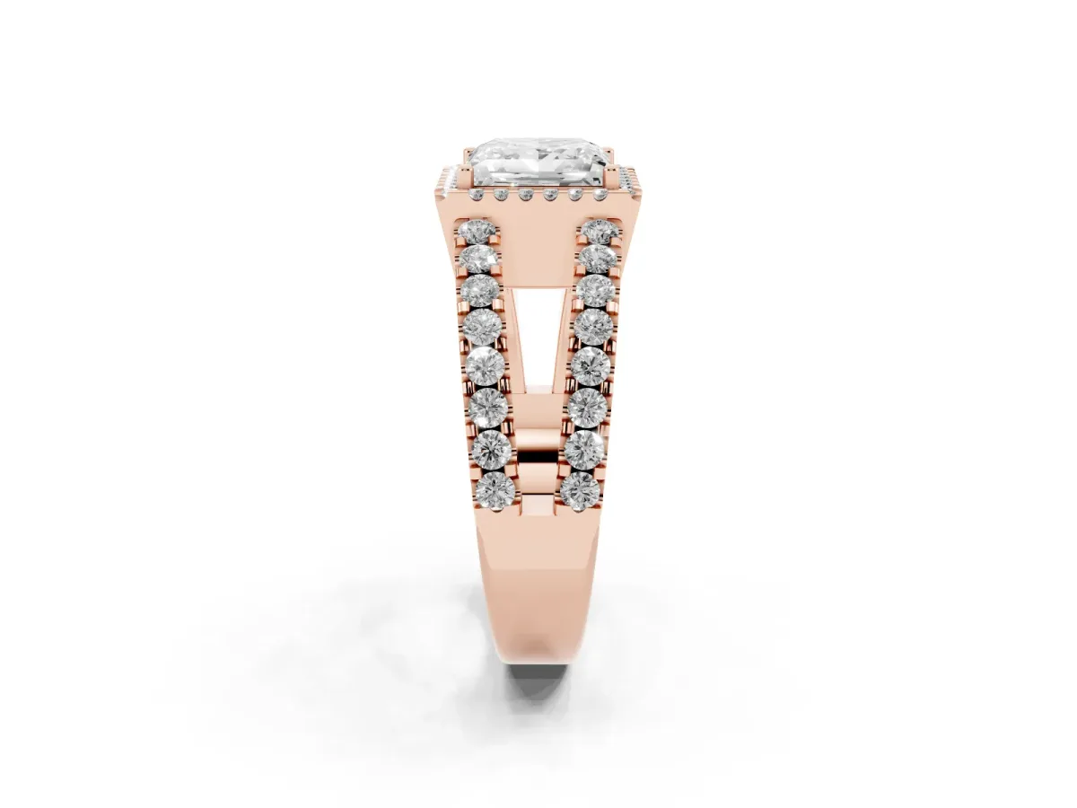Princess Cut Cut Halo Split Shank Diamond Ring with Four-Prong Setting Rose gold