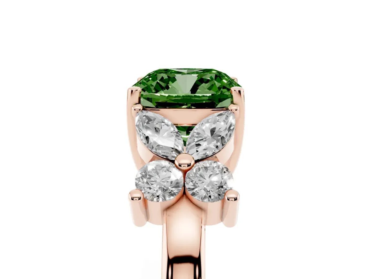 Fancy Green Cushion Cut Diamond Floral Cluster Ring with Solitaire Band and Prong Setting Rose gold