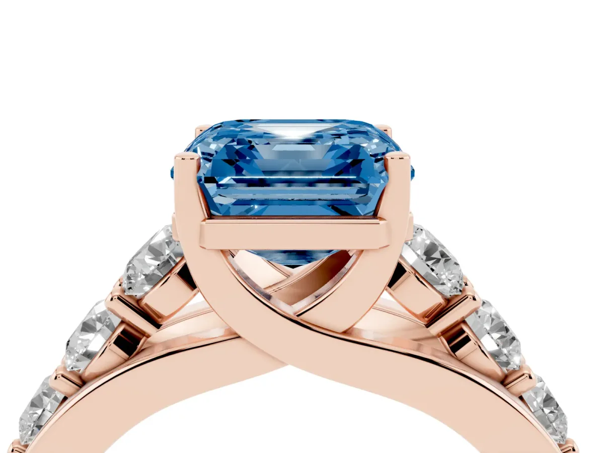 Fancy Blue Asscher Cut Diamond Engagement Ring with Pavé Band and Four-Prong Setting Rose gold