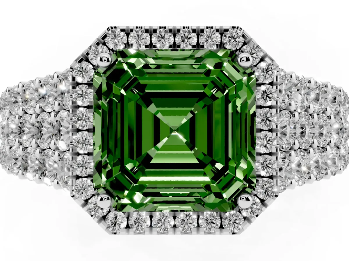 Fancy Green Asscher Cut Diamond Halo Engagement Ring with Triple Row Round Pavé Band and Prong Setting Platinum