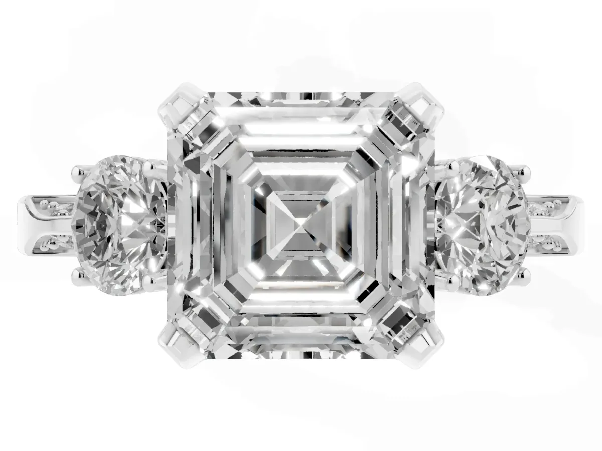 Asscher Cut Brilliant Three-Stone Diamond Ring with Pavé Band and Four-Prong Setting White gold