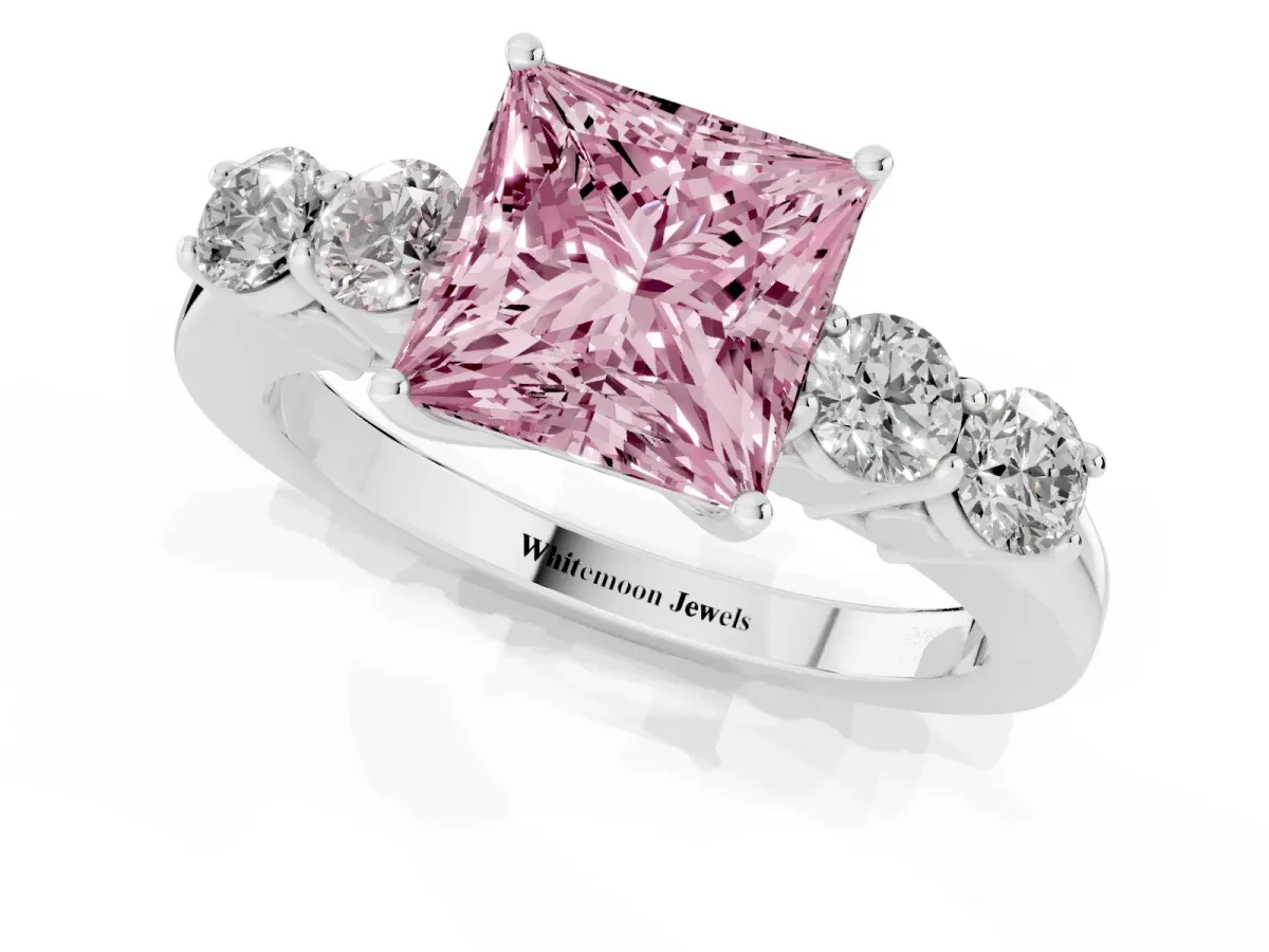 Fancy Pink Princess Cut Cut Diamond Five-Stone Prong Set White Gold Ring Platinum