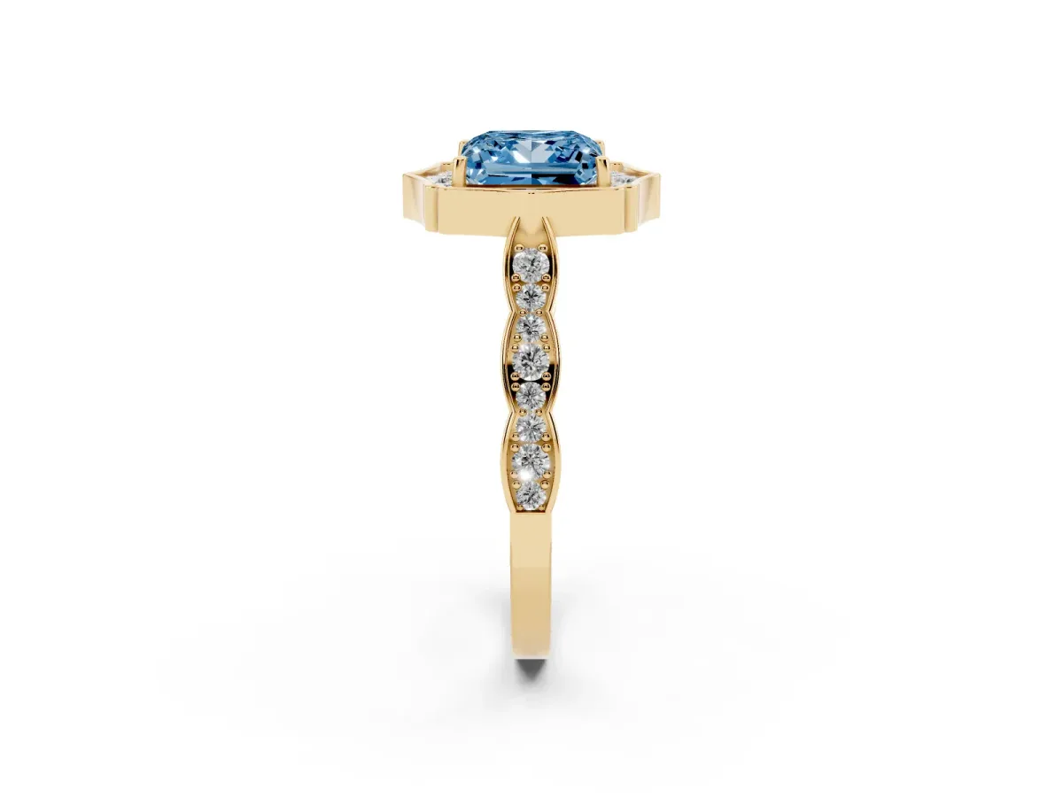 Fancy Blue Princess Cut Halo Diamond Engagement Ring with Milgrain Band and Four-Prong Setting Yellow gold