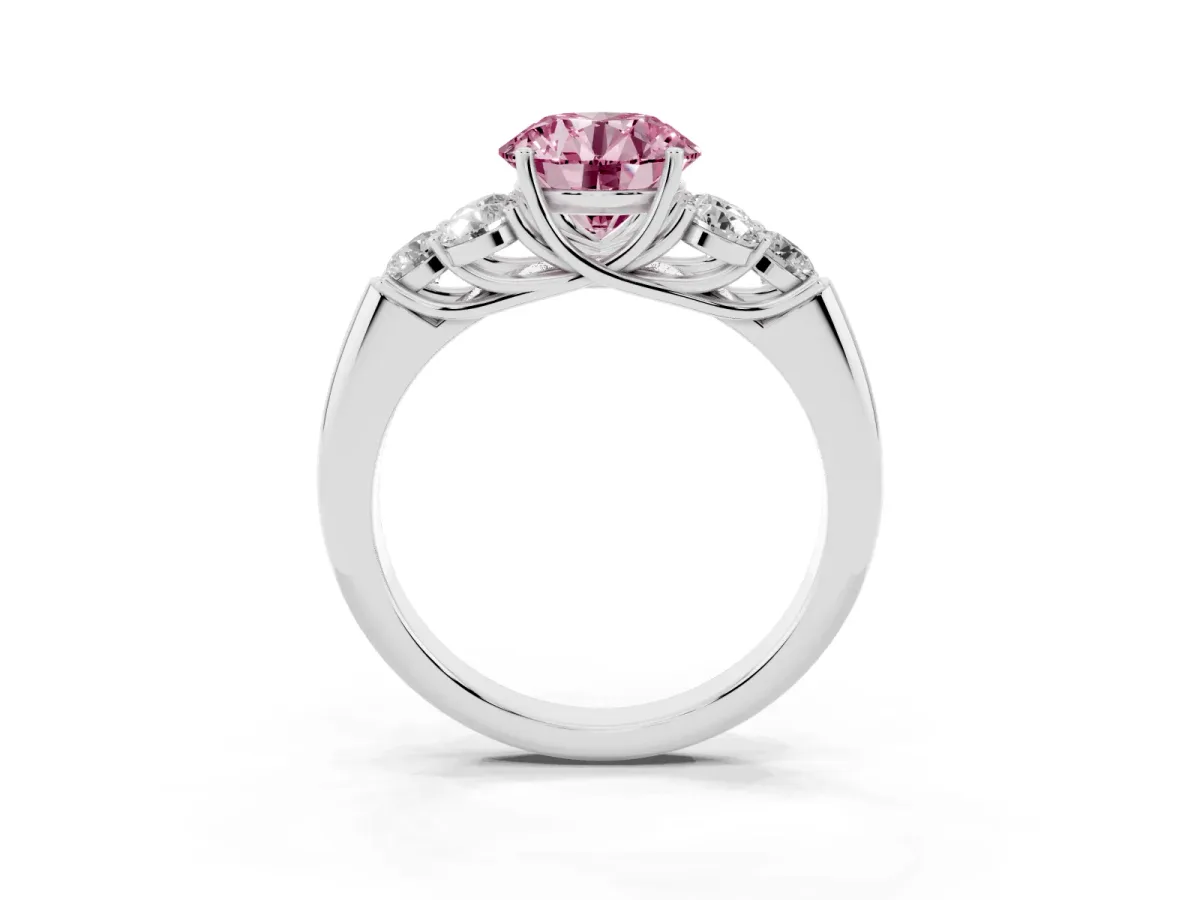 Fancy Pink Round Cut Cut Diamond Cluster Ring with Round Accent Stones and Prong Setting on a Classic Band White gold