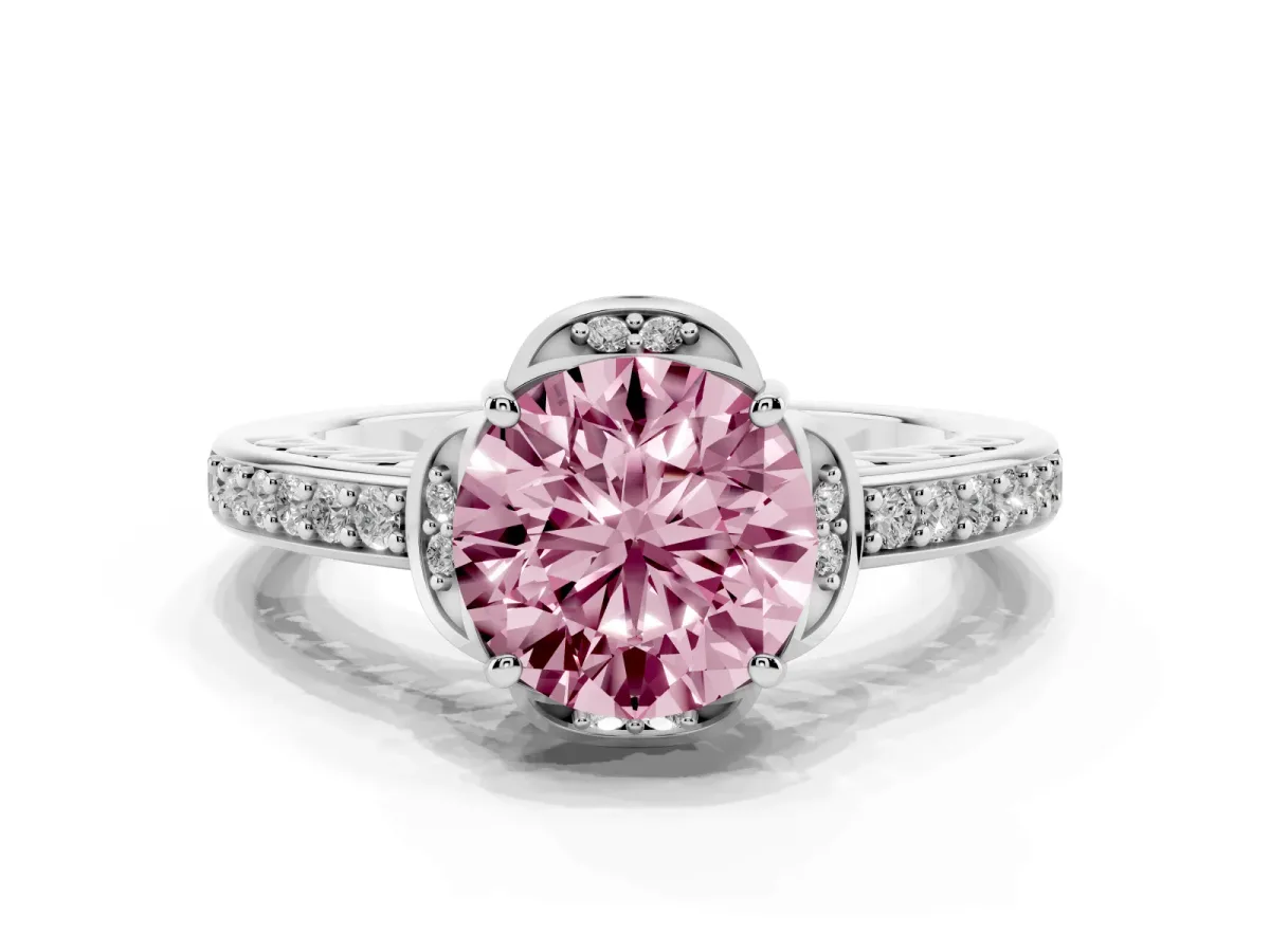 Fancy Pink Round Cut Cut Halo Diamond Ring with Channel Set Band and Four-Prong Setting Silver