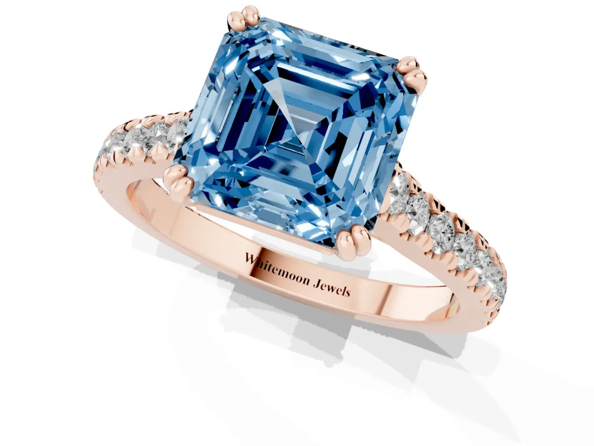 Fancy Blue Asscher Cut Solitaire Pave Diamond Engagement Ring with Prong Setting Rose gold