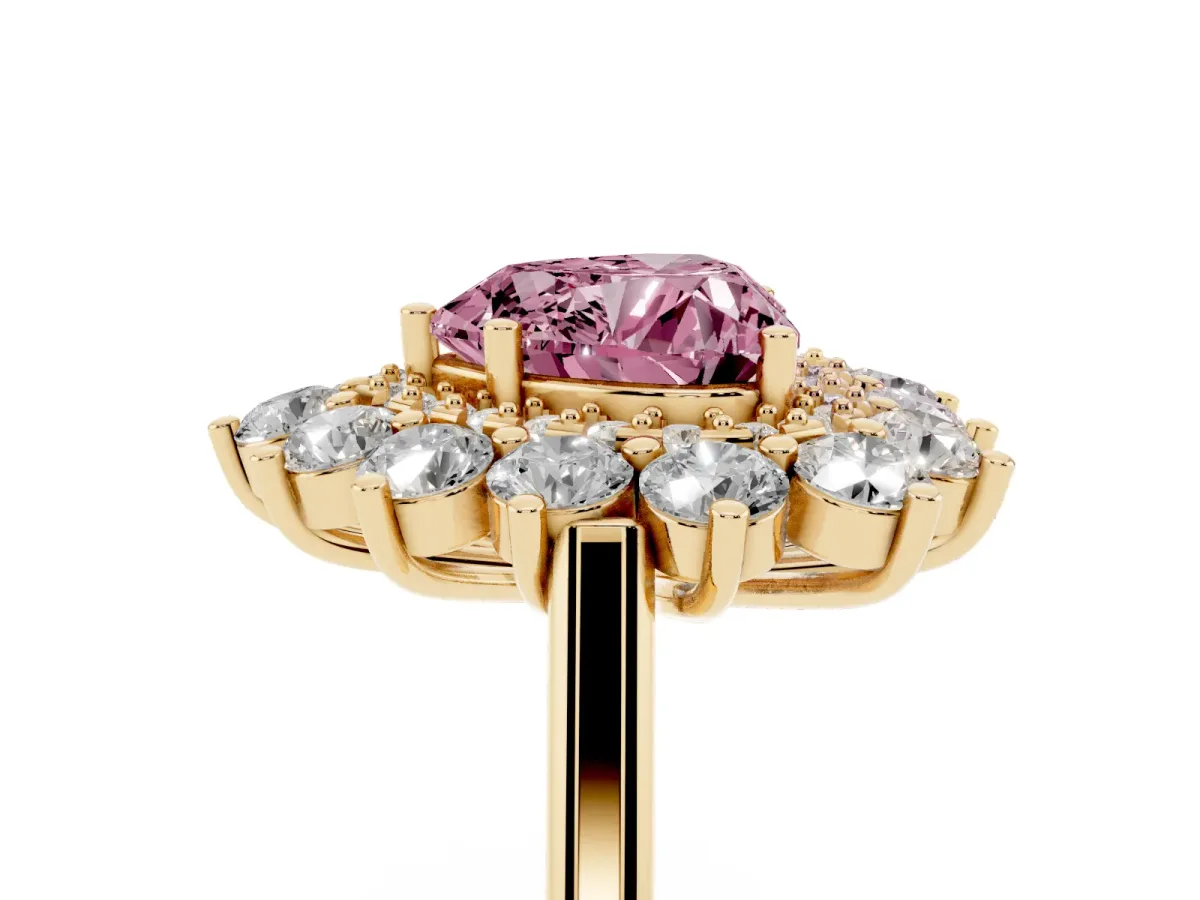 Fancy Pink Heart Cut Diamond Floral Double Halo Engagement Ring with Prong Setting Yellow gold