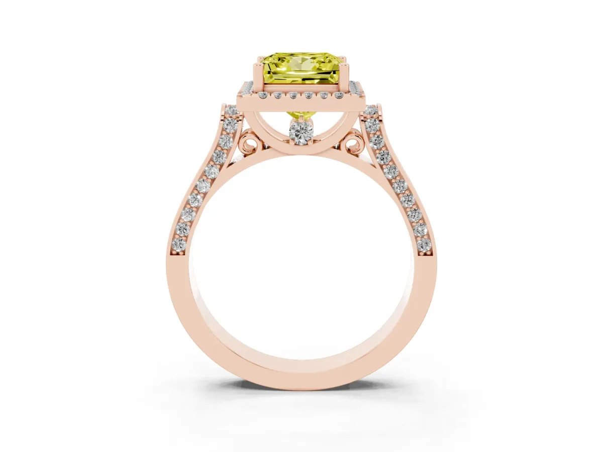 Fancy Yellow Princess Cut Halo Round Diamond Twist Band with Four-Prong Setting Rose gold