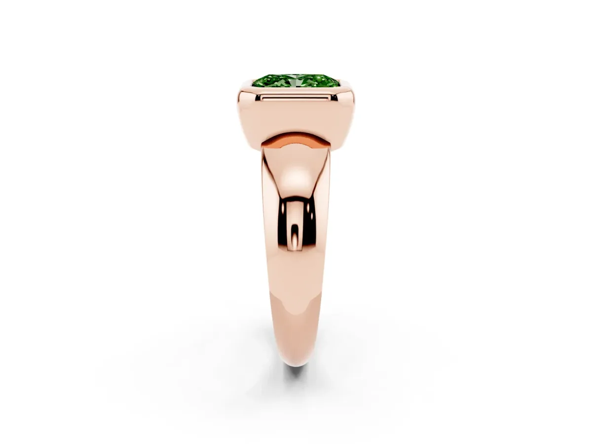 Fancy Green Bezel Set Radiant Cut Solitaire Ring with Wide Band Rose gold