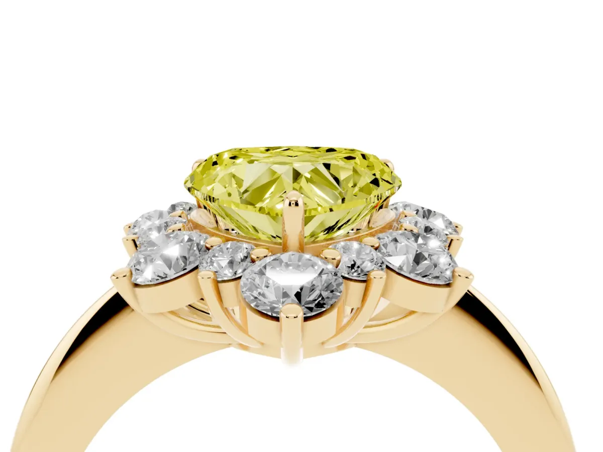 Fancy Yellow Heart Cut Diamond Cluster Halo Ring with Solitaire Band and Four-Prong Setting Yellow gold